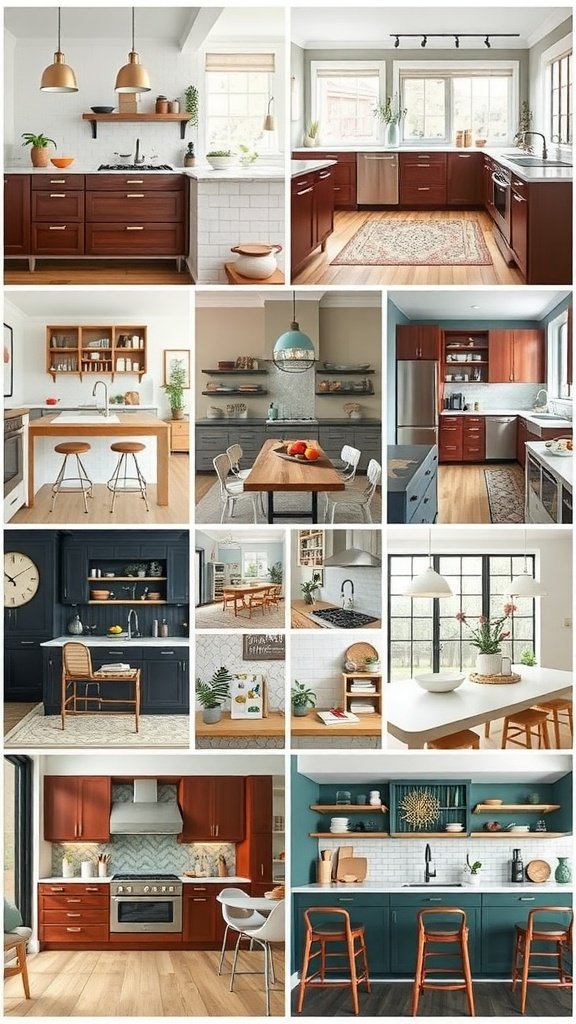 A collage of kitchen designs and styles featuring various elements like furniture, decor, and color schemes.