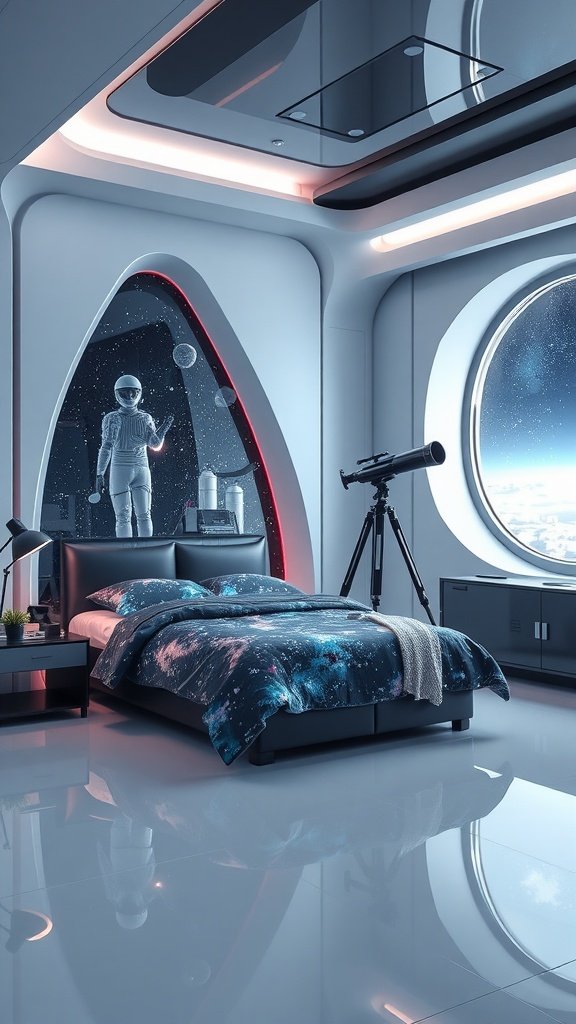 A modern bedroom themed as a space explorer's suite with starry bedding and a telescope.