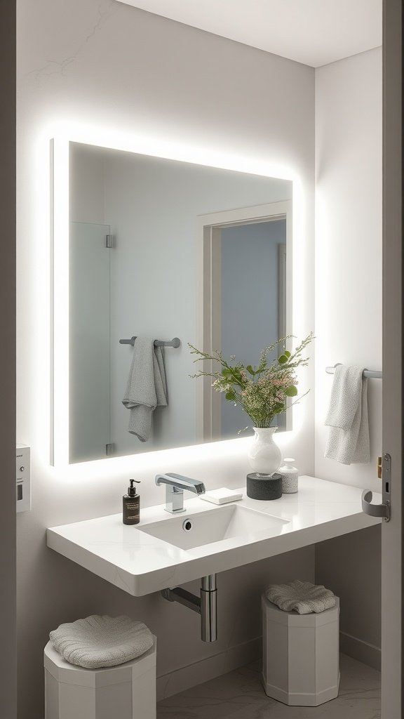A modern bathroom featuring a backlit vanity mirror above a sleek sink with a vase of flowers.
