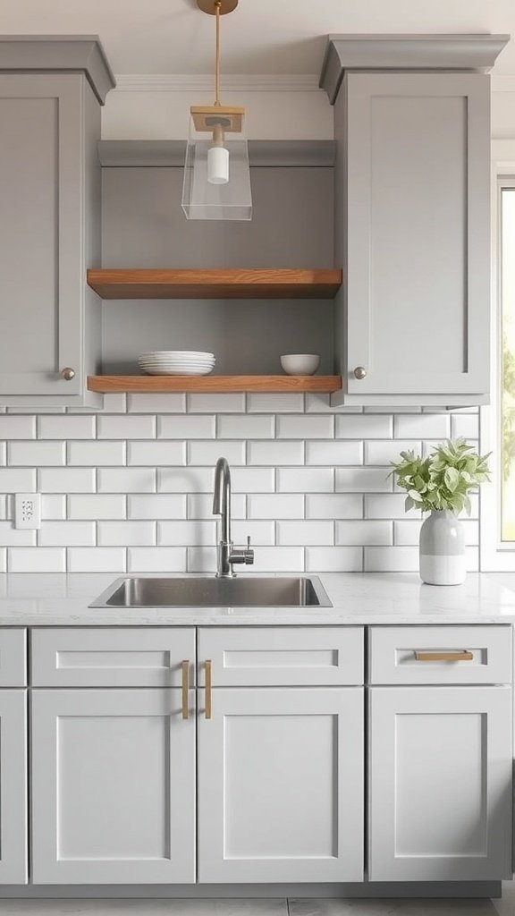 A modern kitchen with a gray cabinet and a white subway tile backsplash.