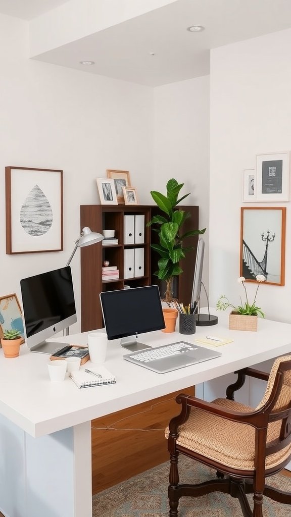 Cozy home office with a clean desk, plants, and artwork for inspiration.