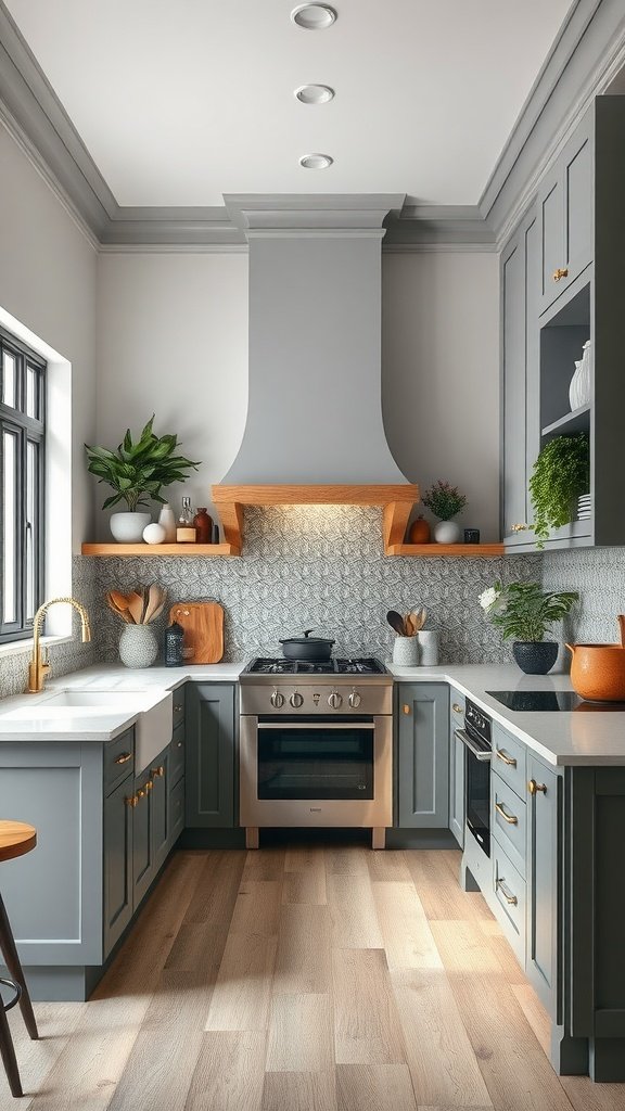 A modern kitchen design with gray cabinets and wooden accents.