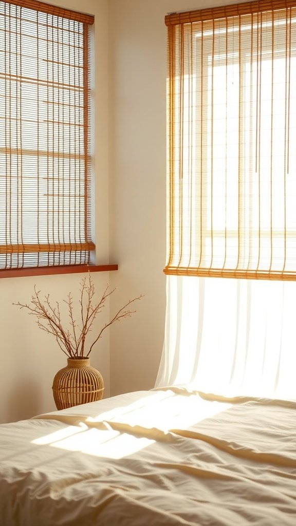 A bedroom with bamboo blinds allowing natural light to filter in.