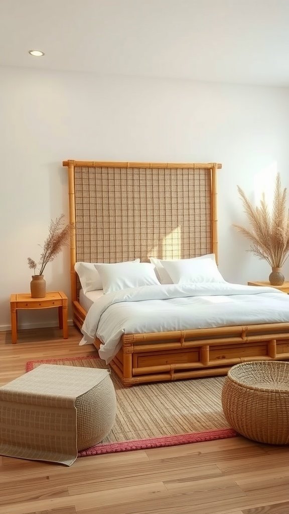 Cozy bedroom with bamboo furniture and earthy tones.