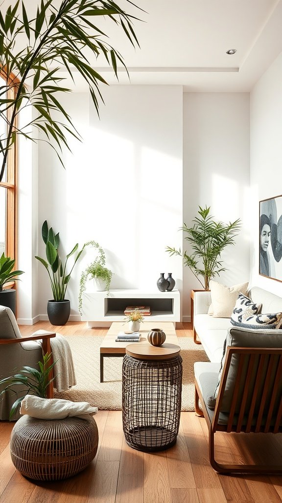 A modern living room featuring bamboo plants and wooden furniture.