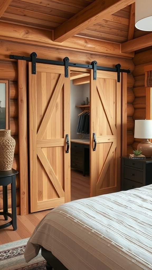 A rustic barn door closet in a cabin-inspired bedroom, featuring wooden sliding doors and a cozy interior.