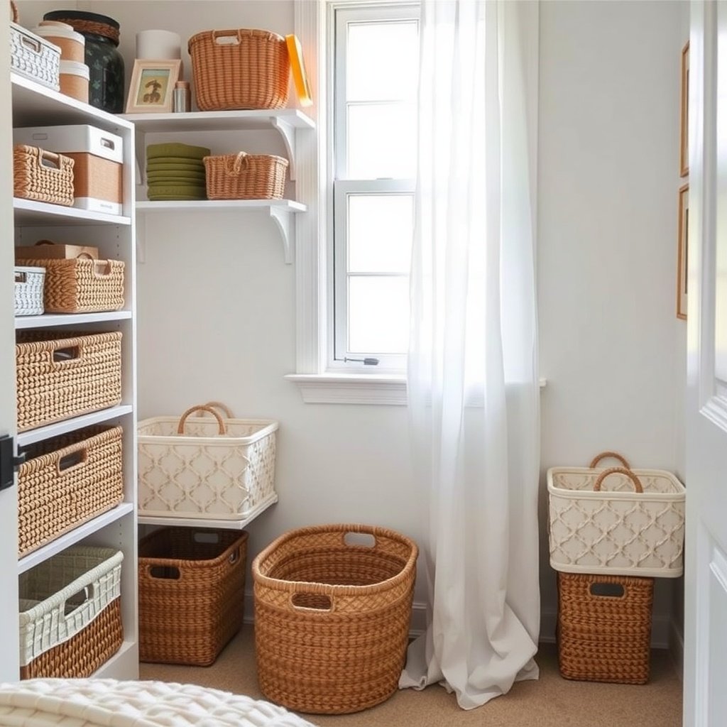 A tidy corner of a bedroom featuring shelves with woven baskets and bins for storage.