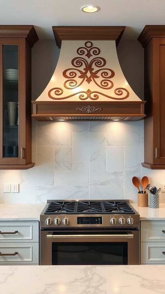 A beautifully designed kitchen ventilation hood above a stove with elegant detailing