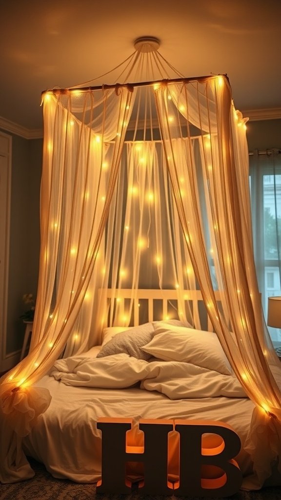 A bed with a canopy adorned with soft, warm fairy lights, creating a cozy atmosphere.