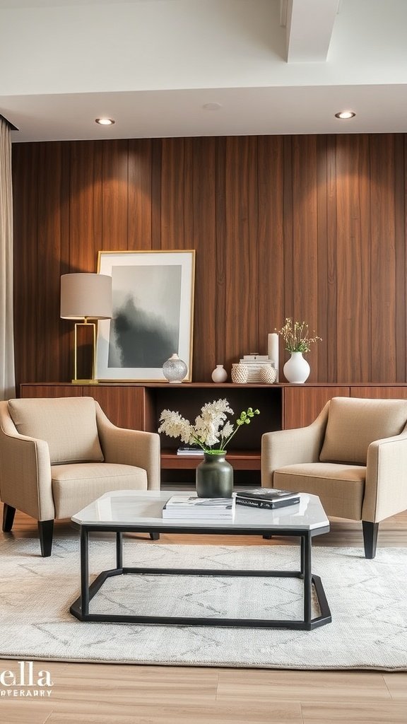 A pair of beige accent chairs in a bright living room setting.