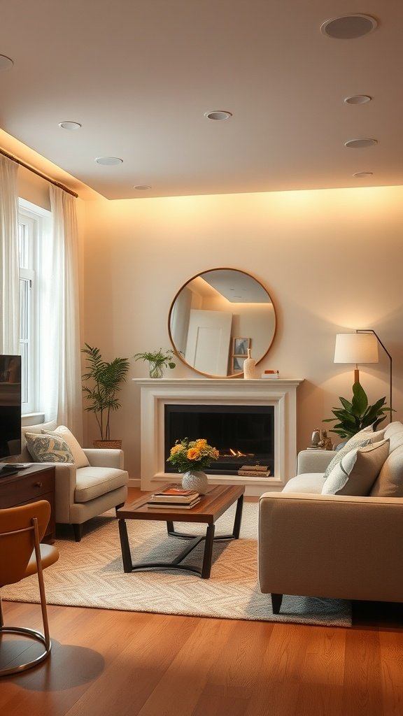 A cozy beige living room with warm accent lighting.