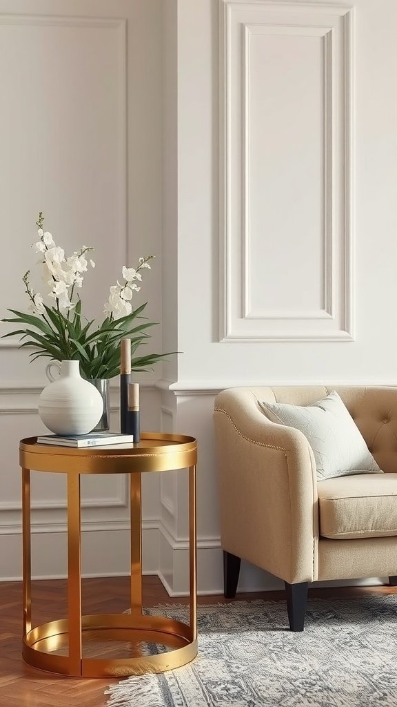 A beige living room with a gold accent table, featuring a plant, a candle, and a decorative vase.
