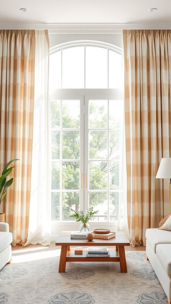Beige and white striped curtains in a bright living room.
