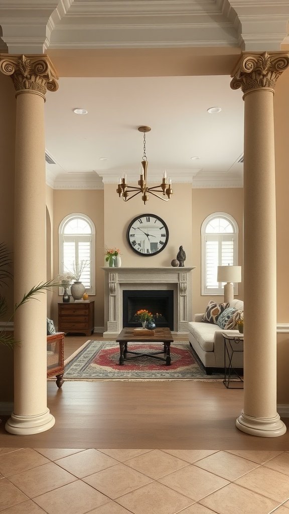 Elegant beige decorative pillars framing a spacious living room with a cozy atmosphere.