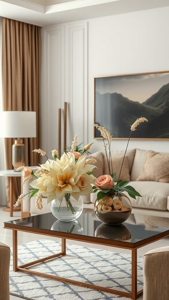 Two elegant floral arrangements in a beige living room, featuring cream lilies and pink roses.