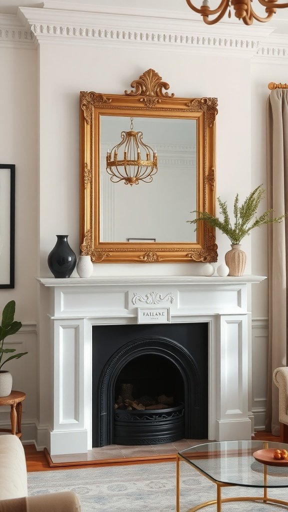 A beige framed mirror hanging above a fireplace in a cozy living room.