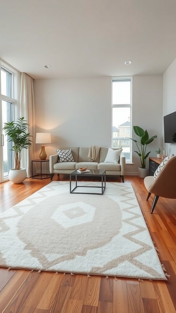 A cozy living room featuring a beige geometric area rug.