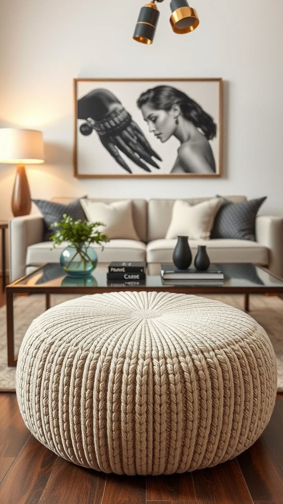 A cozy beige knitted pouf in a stylish living room setting.