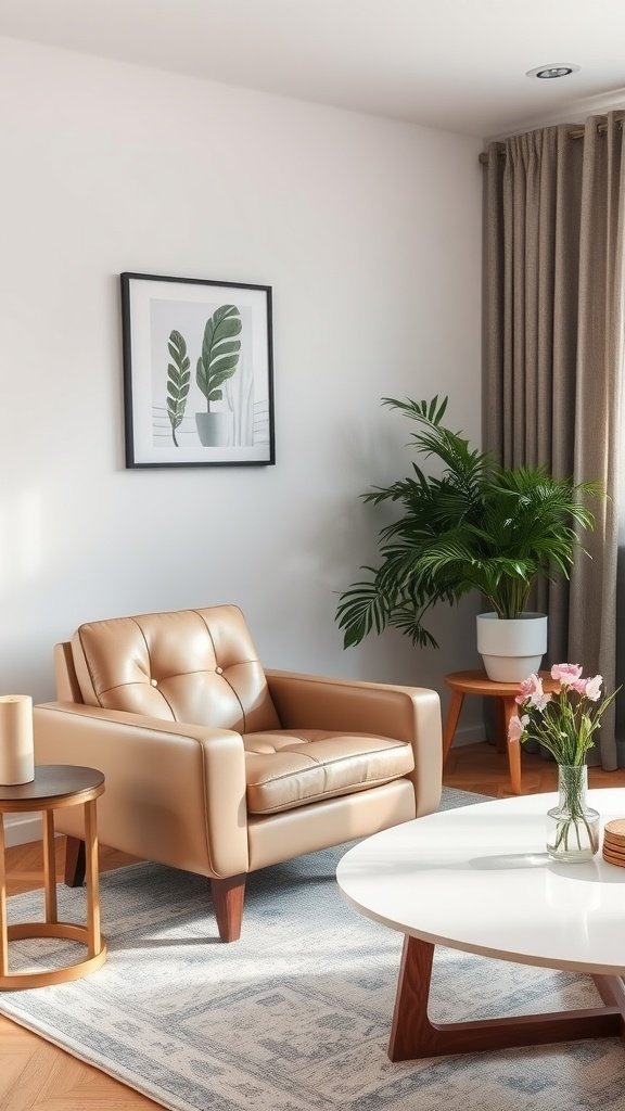 A stylish beige leather armchair placed in a bright living room with a plant and decorative table.