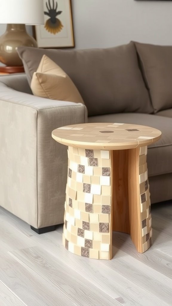 A beige mosaic table beside a couch in a cozy living room.