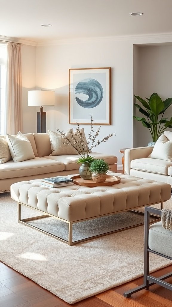 A beige upholstered coffee table with a glass top, surrounded by a cozy living area featuring a light-colored sofa and decorative pillows.