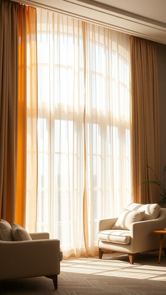 A cozy living room with beige velvet curtains filtering sunlight.