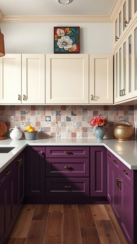 A kitchen featuring berry purple cabinets and cream upper cabinets with a stylish backsplash.
