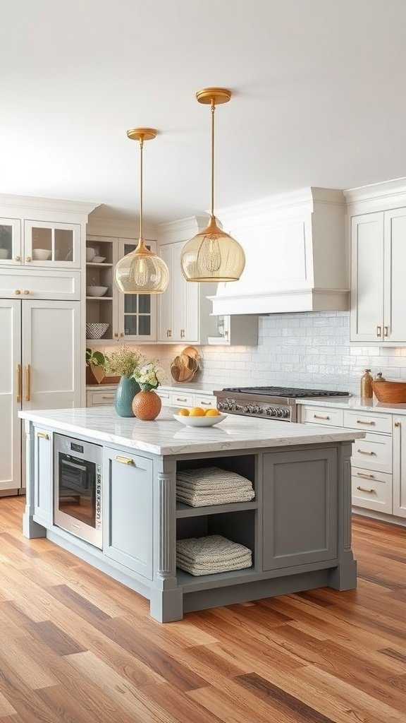 A modern kitchen island featuring custom cabinetry, a built-in microwave, and stylish open shelving.