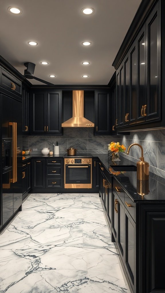 A modern kitchen featuring black cabinets and gold accents.