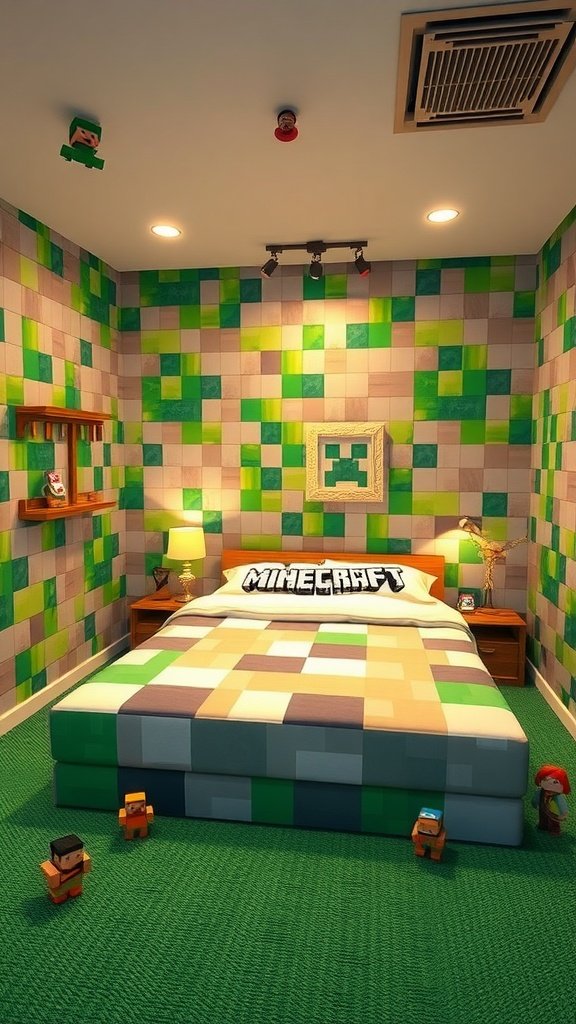 Minecraft-themed bedroom featuring blocky designs and character figures.