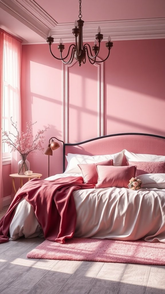 Bedroom with blush pink walls, deep plum accents, and cozy bedding.