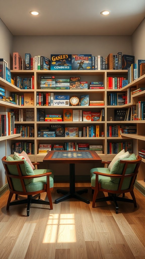 A cozy study nook with a table for board games and shelves filled with various board games.