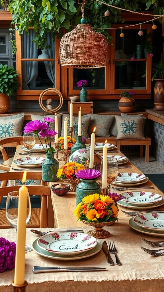 A bohemian-themed dining setup with colorful tableware, flowers, and candlelight.