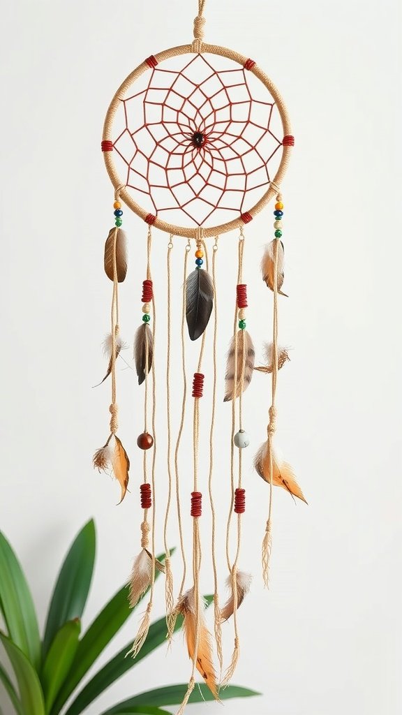 Bohemian dreamcatcher with colorful beads and tassels hanging against a white background.