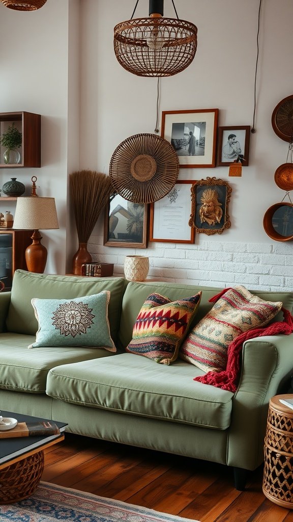 A sage green sofa adorned with patterned pillows in a bohemian-style living room.