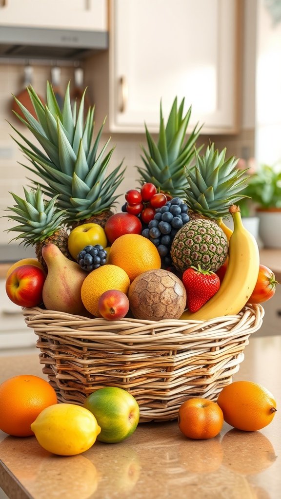 A wicker fruit basket filled with assorted fruits including pineapples, apples, and oranges on a kitchen countertop.