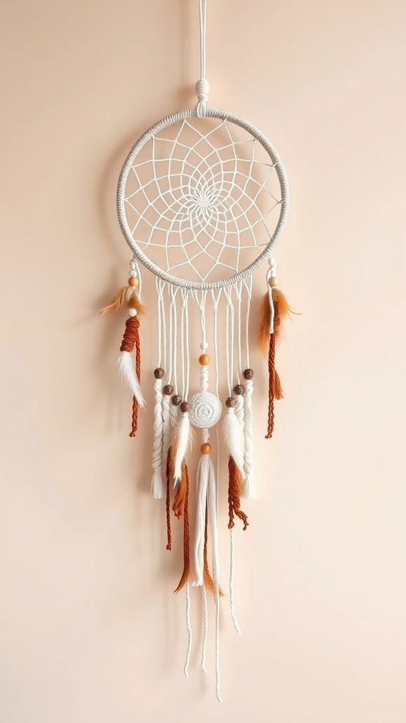 A Bohemian macrame dreamcatcher with a circular frame and various hanging tassels in soft colors.