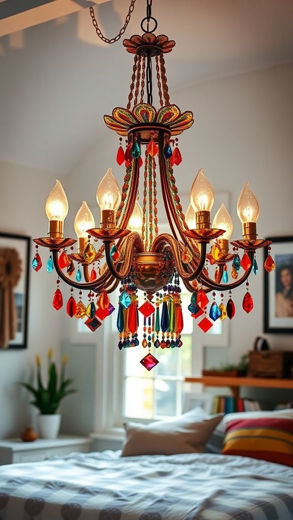A bohemian chandelier with colorful glass accents hanging in a cozy bedroom.