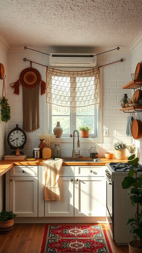 A cozy kitchen with textured wall hangings and colorful décor.