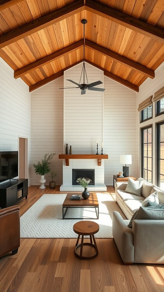 A modern farmhouse living room featuring a vaulted wooden ceiling, large windows, and a cozy seating area.