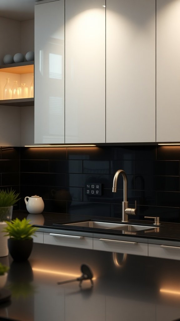 A modern kitchen featuring a bold black backsplash and stylish fixtures.