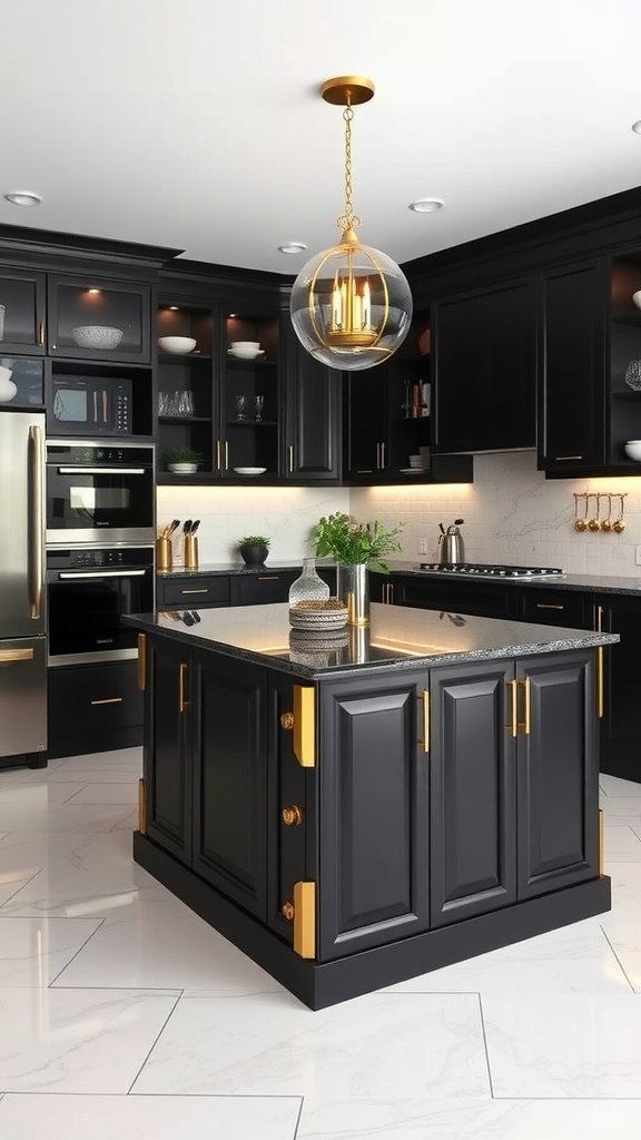 Modern kitchen island featuring bold black cabinetry with gold accents.