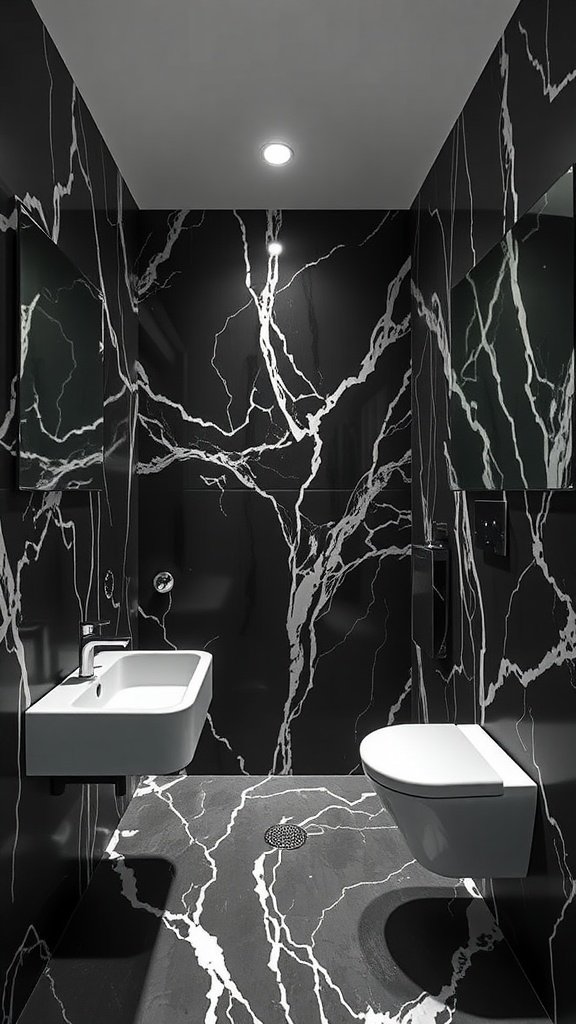 Modern shower design featuring bold black marble with striking white veining
