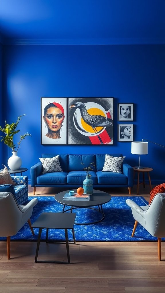 Living room painted in bold cobalt blue with modern furniture and artwork.