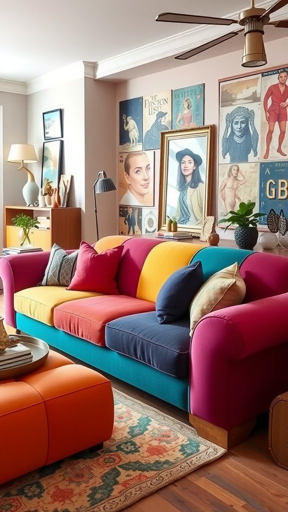 A colorful color-block sofa with various cushions in a stylish living room.