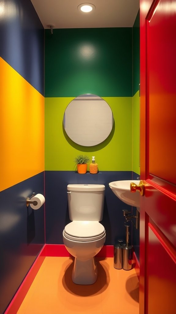 A small bathroom with bold color-blocking wallpaper featuring vibrant colors like green, blue, yellow, and orange.