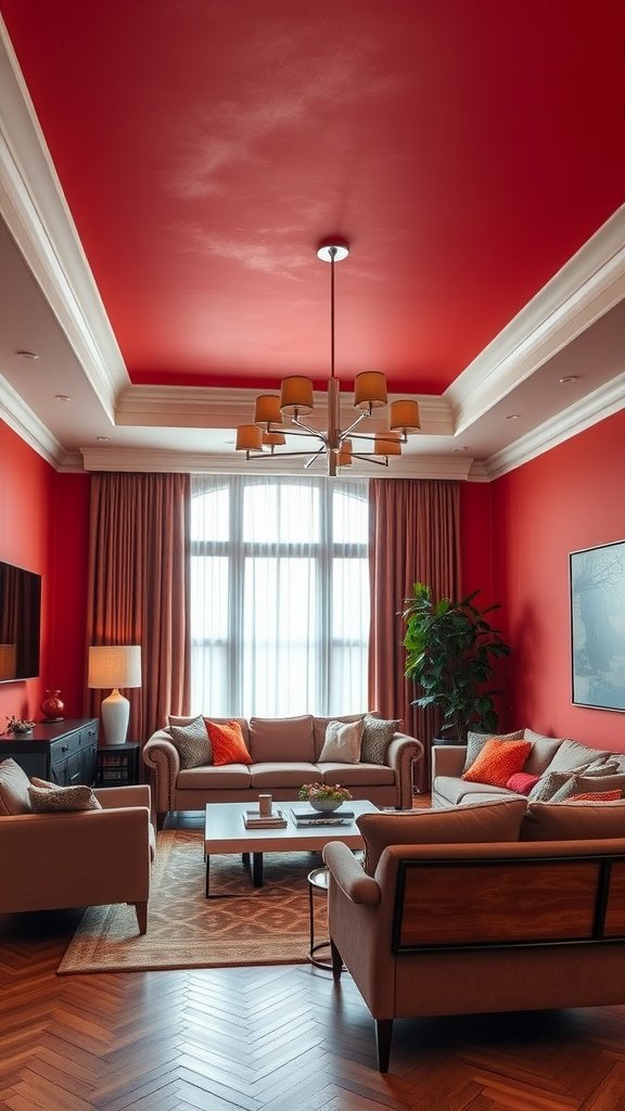 Living room with a bold red ceiling and neutral furniture.