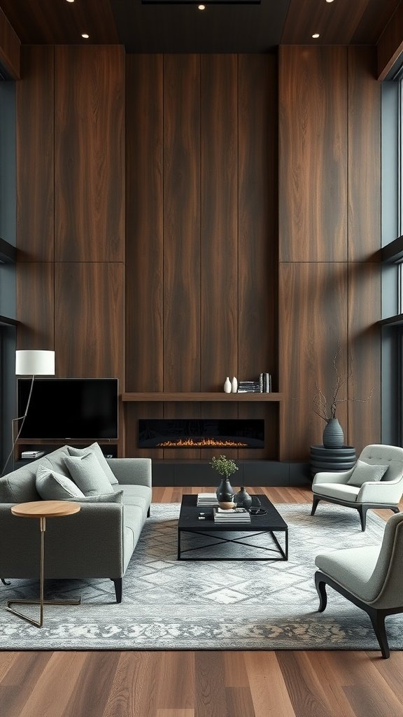 Modern living room featuring bold dark wood paneling accent wall with stylish furniture
