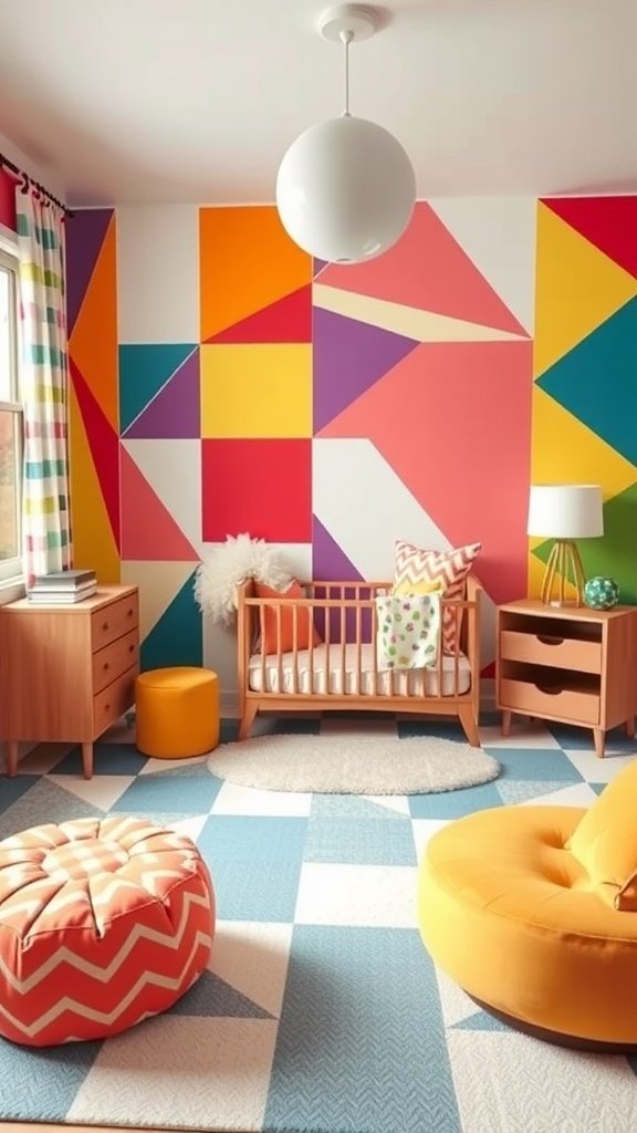 A colorful nursery with bold geometric patterns on the walls, featuring a crib, poufs, and a bright rug.