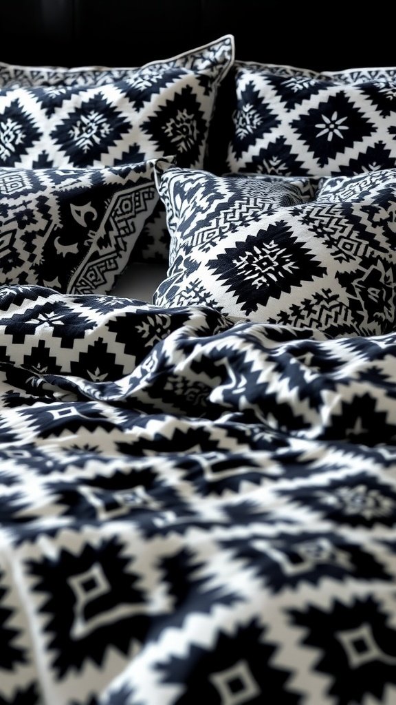 Close-up view of black and white bedding featuring geometric patterns and textured pillows.